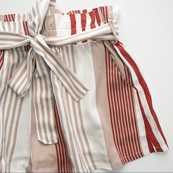 fab’rik Red/White/Taupe Striped Paperbag Tie Waist Shorts Size L - Picture 4 of 5